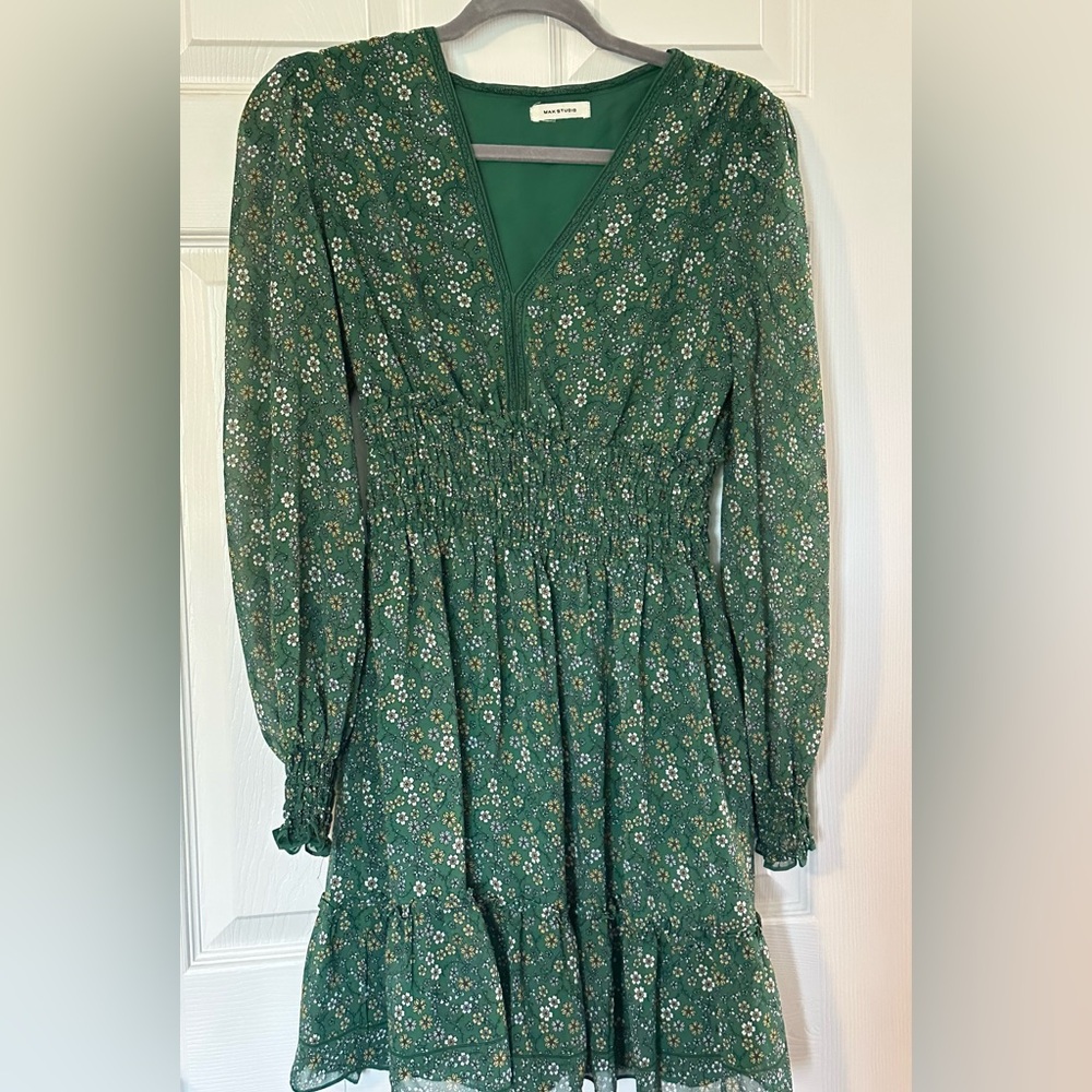 Max Studio Green Pleated Mini Dress with Bishop Sleeves